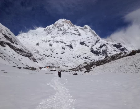Trekkers walking on the snow during Annapurna Sanctuary Trek Nepal