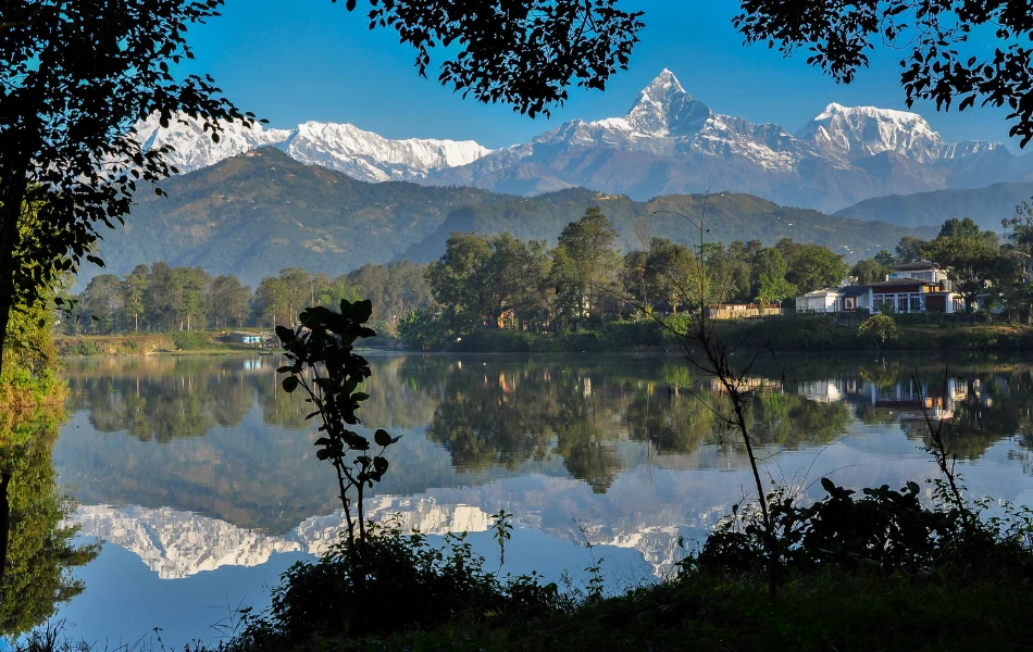Macchapuchhre Mountain range reflection in Phewa Lake of Pokhara