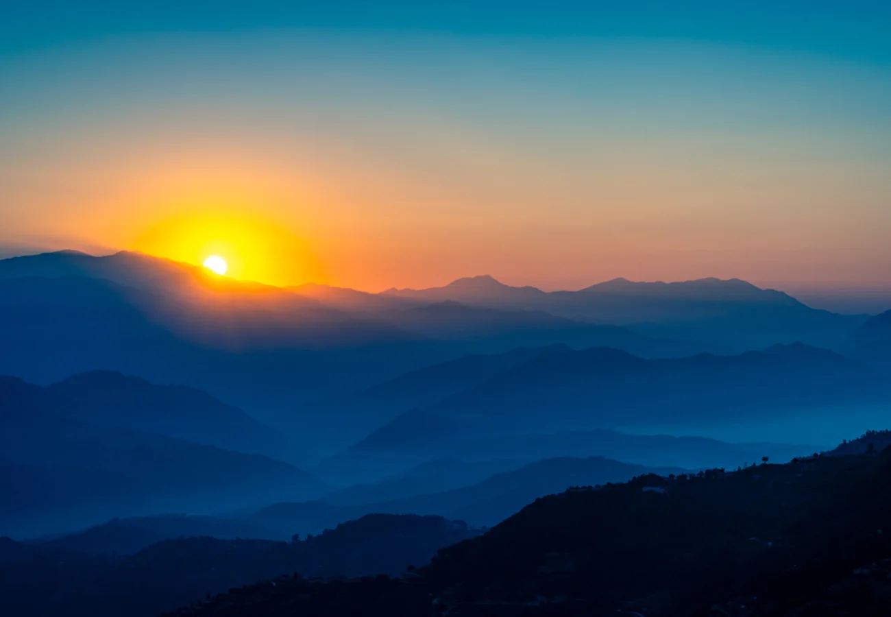 Stunning sunrise view from Nagarkot View Tower during the day hike to Nagarkot